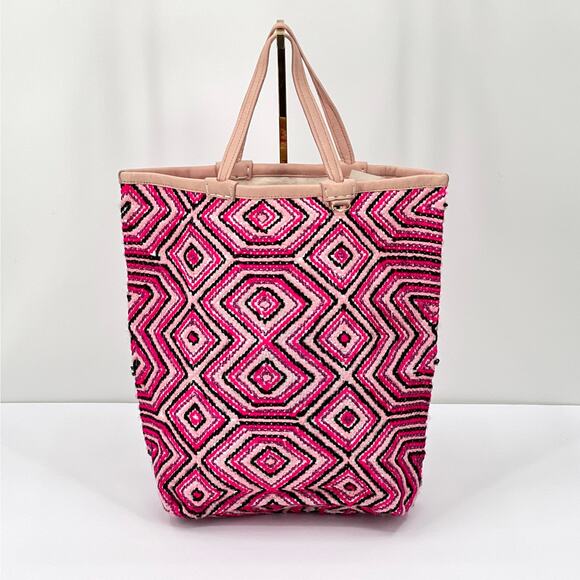 EN SHALLA Graphic Diamond Tote Woven Pink Black Upcycled Hand Crafted - Picture 1 of 9